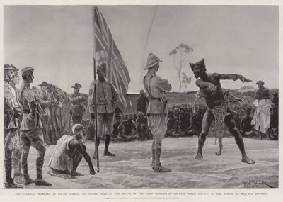 Guerillakrigföring i Sydafrika, en indaba som hölls i hövdingen Sipolilos kraal av kapten Peake, 65th Imperial Yeomanry, i North Lo Majunda-distriktet. av Richard Caton Woodville junior